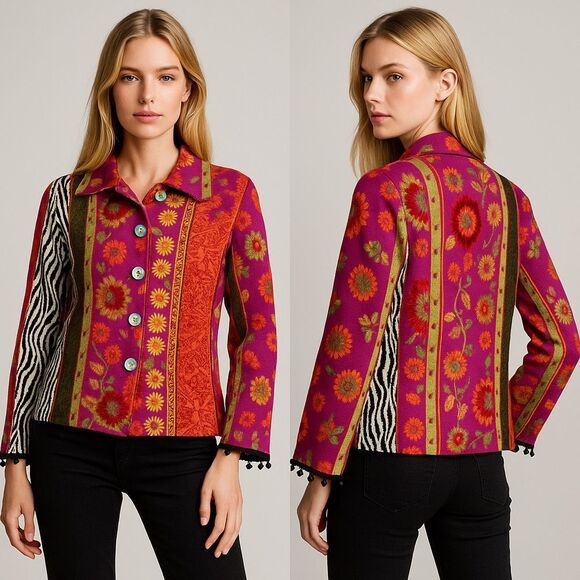 Azuleros NWT French Boho Jacquard Knit Jacket M Mix Print Flora Zebra Statement - Picture 11 of 16